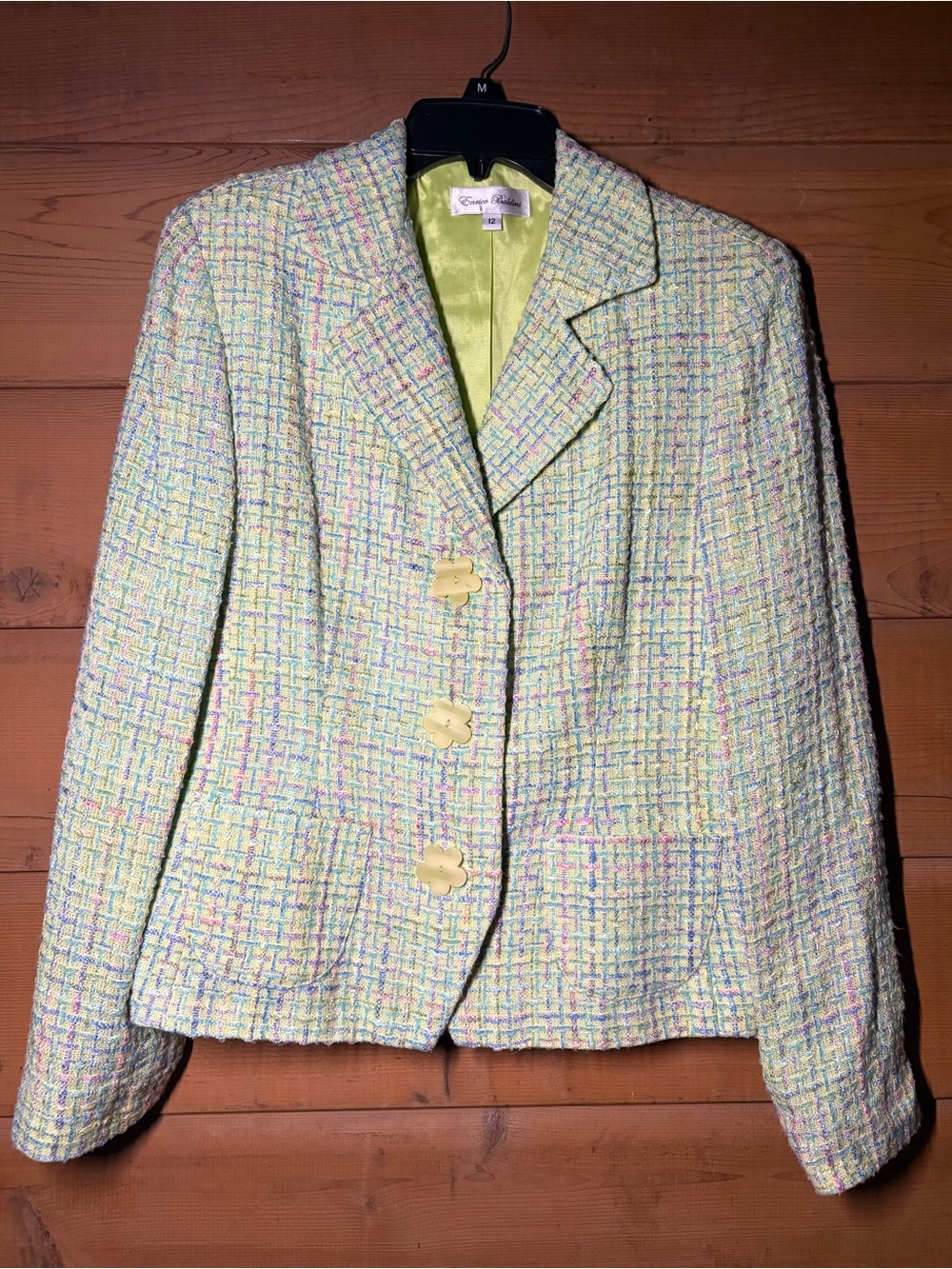 Vintage Green Tweed Blazer Enrico Baldini Jacket Flower Buttons Multi Color